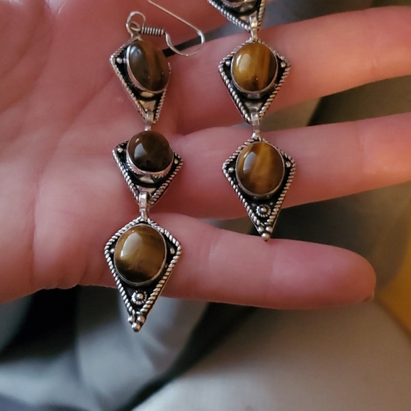 New Amazing Tiger Eye 925 Silver Dangle Earrings. - Picture 2 of 5